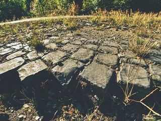 Naklejka premium Grey Old Stone Pavement Top View or Granite Cobblestone Road.