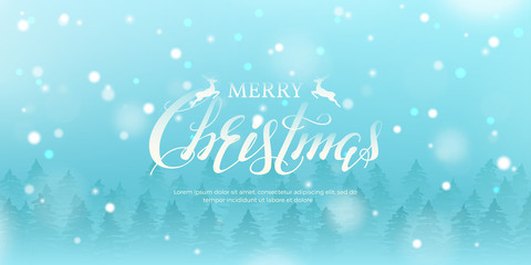 Naklejka na ściany i meble Vector horizontal illustration with forest of fir trees, text “Merry Christmas” and snowfall. Simple festive blue background with lettering and snow for design of flyer and banners.