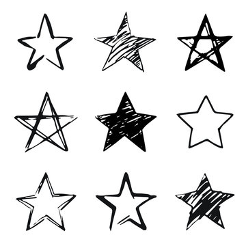 Stars set, hand drawn sketch, doodle vector illustration. Black symbols drawn by brush, pen, ink, Isolated on white background. Cool trendy handdrawn set for logo, textile print, fabric design, card