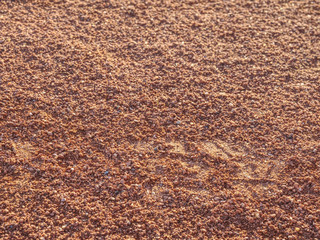 Sport shoe footprint on a tennis clay court. Dry light red surface