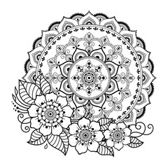 Circular pattern in form of mandala with flower for Henna, Mehndi, tattoo, decoration. Decorative ornament in ethnic oriental style. Coloring book page.
