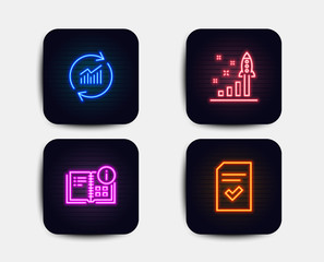 Neon glow lights. Set of Instruction info, Update data and Development plan icons. Checked file sign. Project, Sales statistics, Strategy. Correct document.  Neon icons. Glowing light banners. Vector