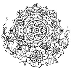 Circular pattern in form of mandala with flower for Henna, Mehndi, tattoo, decoration. Decorative ornament in ethnic oriental style. Coloring book page.