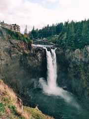 Snoqualmie Falls Washington, in the fall in cloudy weather.