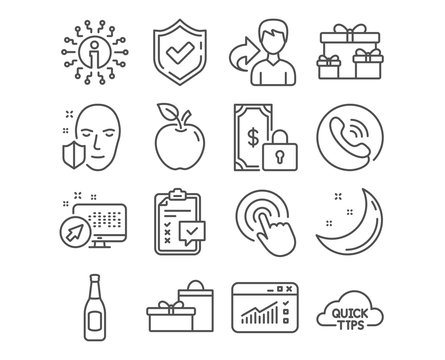 Set of Click, Checklist and Private payment icons. Beer, Face protection and Quick tips signs. Web traffic, Surprise boxes and Gifts symbols. Cursor pointer, Survey, Secure finance. Vector