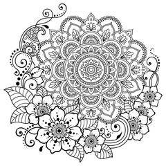 Circular pattern in form of mandala with flower for Henna, Mehndi, tattoo, decoration. Decorative ornament in ethnic oriental style. Coloring book page.