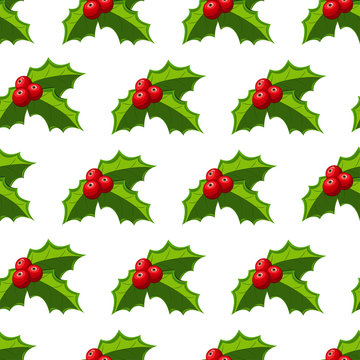 Christmas holly berries seamless pattern on a white background. Vector holiday wallpaper, texture, ornament etc.