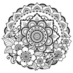 Circular pattern in form of mandala with flower for Henna, Mehndi, tattoo, decoration. Decorative ornament in ethnic oriental style. Coloring book page.