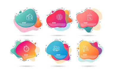 Dynamic liquid shapes. Set of Wallet, Shopping bag and Timer icons. Algorithm sign. Affordability, Supermarket discounts, Stopwatch gadget. Developers job.  Gradient banners. Fluid abstract shapes