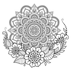 Circular pattern in form of mandala with flower for Henna, Mehndi, tattoo, decoration. Decorative ornament in ethnic oriental style. Coloring book page.