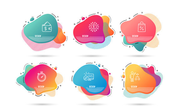 Dynamic liquid shapes. Set of Wallet, Shopping bag and Timer icons. Algorithm sign. Affordability, Supermarket discounts, Stopwatch gadget. Developers job.  Gradient banners. Fluid abstract shapes