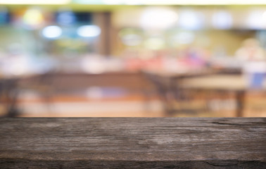 Empty dark wooden table in front of abstract blurred bokeh background of restaurant . can be used for display or montage your products.Mock up for space.