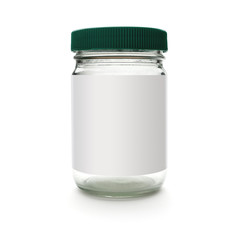 Glass jar on white background with shadow blank label green cap