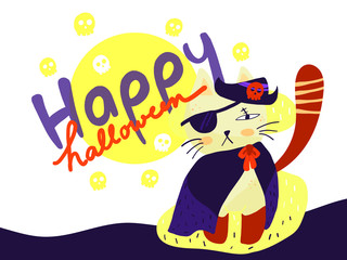 Isolated a cute cat wearing pirate costume and a hand written word “Happy Halloween “ on white background and lots of yellow skulls.