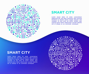 Smart city concept in circle with thin line icons: intelligent urbanism, efficient mobility, zero emission, electric transport, balanced traffic, CCTV. Vector illustration, print media template.