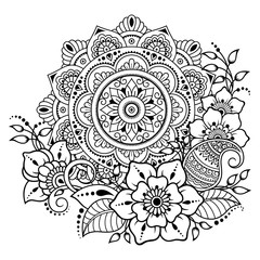 Circular pattern in form of mandala with flower for Henna, Mehndi, tattoo, decoration. Decorative ornament in ethnic oriental style. Coloring book page.