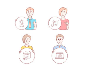 People hand drawn style. Set of Architectural plan, Education and Musical note icons. Online statistics sign. Technical project, Human idea, Music. People character hold circle button. Vector
