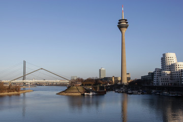 Famous Dusseldorf city tower and bridge