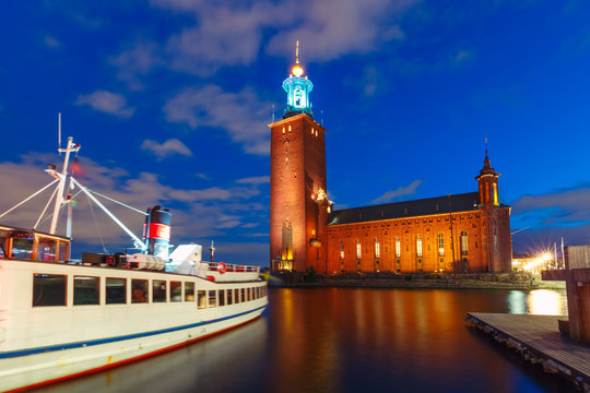 Stockholm City Hall at night in the Old Town in Stockholm, capital of Sweden