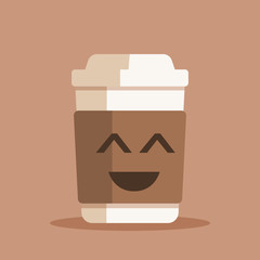 Happy coffee cup vector illustration. Plastic or paper coffee or tea cup with happt face in flat style. Vector illustration