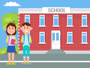 School and Children with Bags Vector Illustration