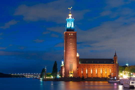 Stockholm City Hall at night in the Old Town in Stockholm, capital of Sweden