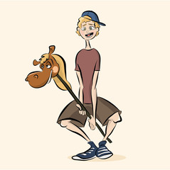 Funny boy playing with wooden horse. Cartoon Vector Illustration. 