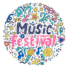 Circle concept with symbols music  and lettering music festival in the center.