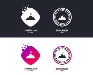 Logotype concept. Flag on mountain icon. Leadership motivation sign. Mountaineering symbol. Logo mountain valley design. Colorful buttons with icons. Vector