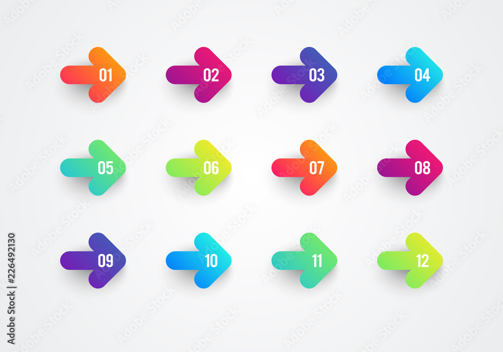 Poster vector abstract flat colorful gradient arrow bullet point numbers 1 to 12