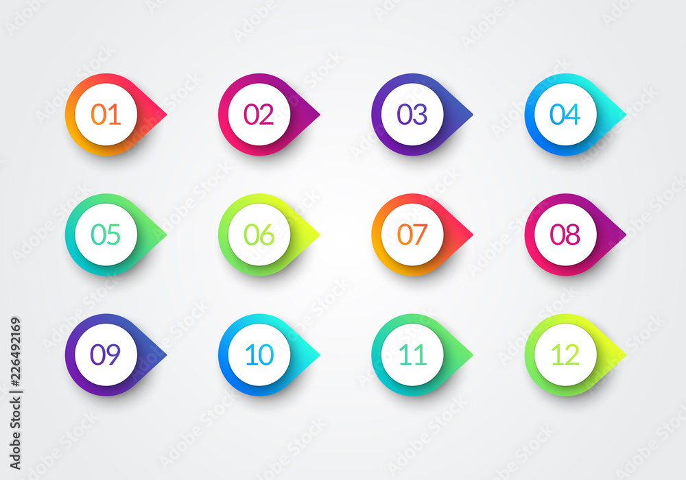 Poster vector arrow bullet point colorful gradient 3d markers with number 1 to 12