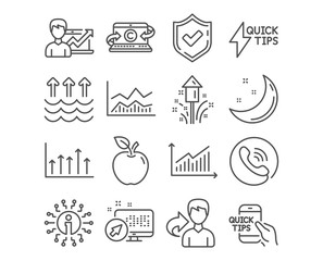Set of Education, Fireworks and Success business icons. Evaporation, Growth chart and Trade infochart signs. Quickstart guide, Copywriting notebook and Graph symbols. Vector