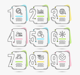 Infographic template with numbers 9 options. Set of Networking, Online education and Receive file icons. Analytics, Investment and Quick tips signs. Vector