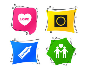 Condom safe sex icons. Lovers Gay couple signs. Male love male. Heart symbol. Geometric colorful tags. Banners with flat icons. Trendy design. Vector