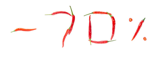 Hot sale or discount concept. Writing made of fresh chilli peppers on white background. Seventy percent discount rate