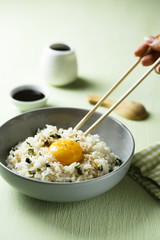 Rice cooked with wakame and egg yolk