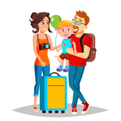 Young Family Traveling With A Small Child Vector. Isolated Illustration