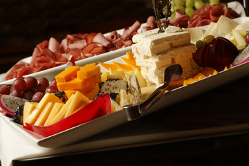 Plate of ham, salami, goat cheese, gouda cheese, Manchego cheese, apple and grapes.