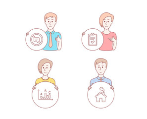 People hand drawn style. Set of Checklist, Survey results and Stop talking icons. Home sign. Survey, Best answer, Do not talk. House building.  Character hold circle button. Man with like hand. Vector