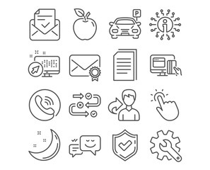 Set of Parking, Verified mail and Touchpoint icons. Online payment, Copy files and Approved mail signs. Customisation, Happy emotion and Survey progress symbols. Vector