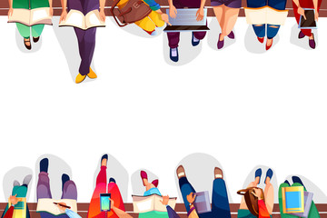 College students sitting on bench vector illustration of university girls and boys with bags, laptops or smartphones and books. Legs top view on white background for back to school design