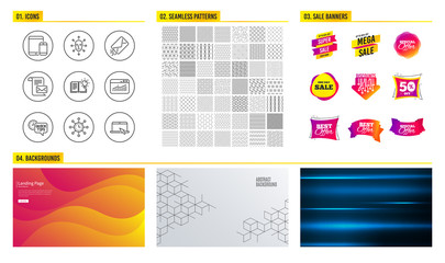 Seamless pattern. Shopping mall banners. Set of Quick tips, E-mail and Face biometrics icons. Mail letter, Website statistics and Product knowledge signs. Vector