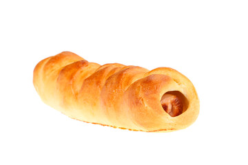 Traditional Bulgarian pasty breakfast dish named Krenvirshka, isolated on white background. Krenvirshka is a little bread stuffed with small hotdog like sausage (Krenvirsh in Bulgarian)