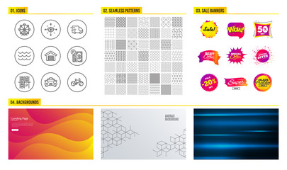 Seamless pattern. Shopping mall banners. Set of Parking payment, Parcel delivery and Parking garage icons. Ferris wheel, Truck delivery and Waves signs. Taxi, Bicycle symbols. Vector