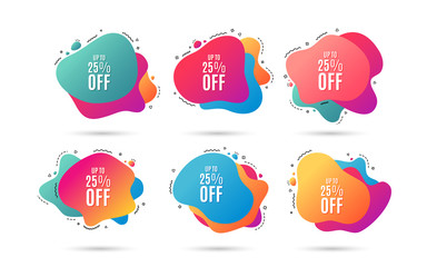 Up to 25% off Sale. Discount offer price sign. Special offer symbol. Save 25 percentages. Abstract dynamic shapes with icons. Gradient banners. Liquid  abstract shapes. Vector