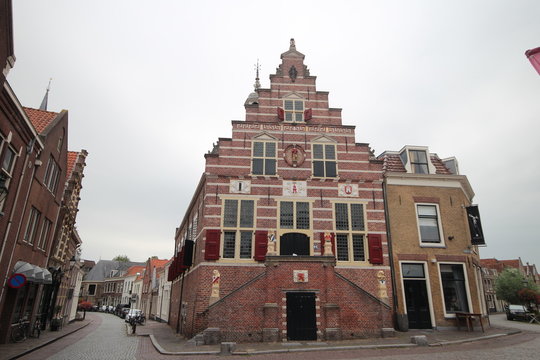 Old ancient buildings like churches and city hall of town of Oudewater where in the middle ages witches were burned