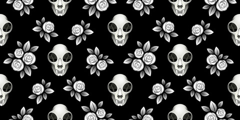 A Few Cat's Lives. Vector seamless pattern formed from cat skulls and rose flowers on black background.
