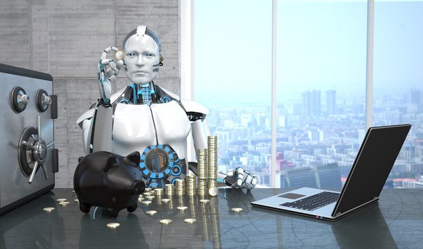 Humanoide Roboter mit Eurom&uuml;nzen, Safe, Sparschwein und einem Notebook auf dem Tisch