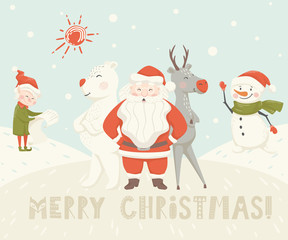 Santa Claus, reindeer, bear, snowman, elf scandinavian card.