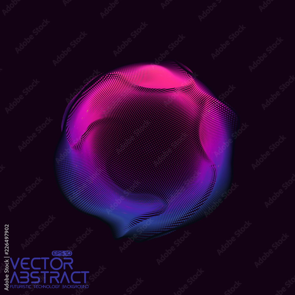 Poster Vector abstract sphere of particles, points array. Futuristic vector illustration. Technology digital splash or explosion of data points. Spherical waveform. Cyber UI or HUD element.